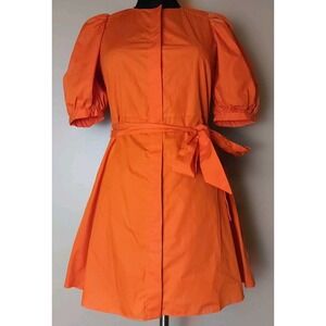 Zara Women Deep Orange Button Up Puff Sleeves Short‎ Shirt Dress Size S